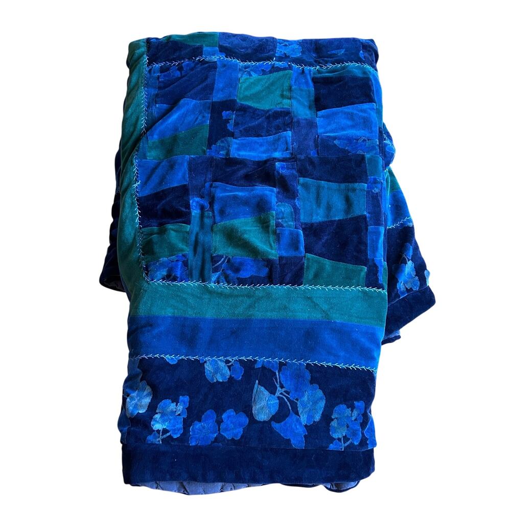April Cornell handcrafted art quilt blue velvet patchwork twin 79” x 53”